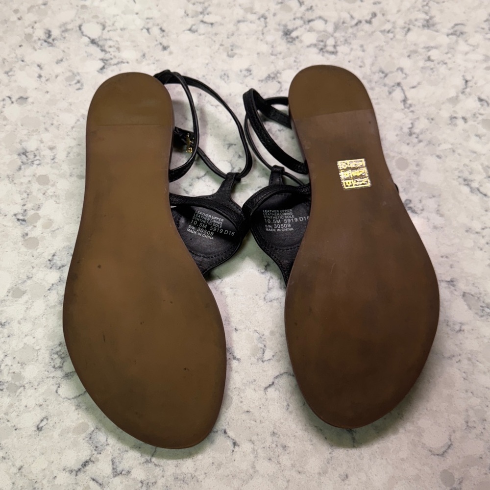 Tory Burch Black & Gold Leather Sandals. Leticia flat tumbled leather. Sz 10.5 - Picture 12 of 13